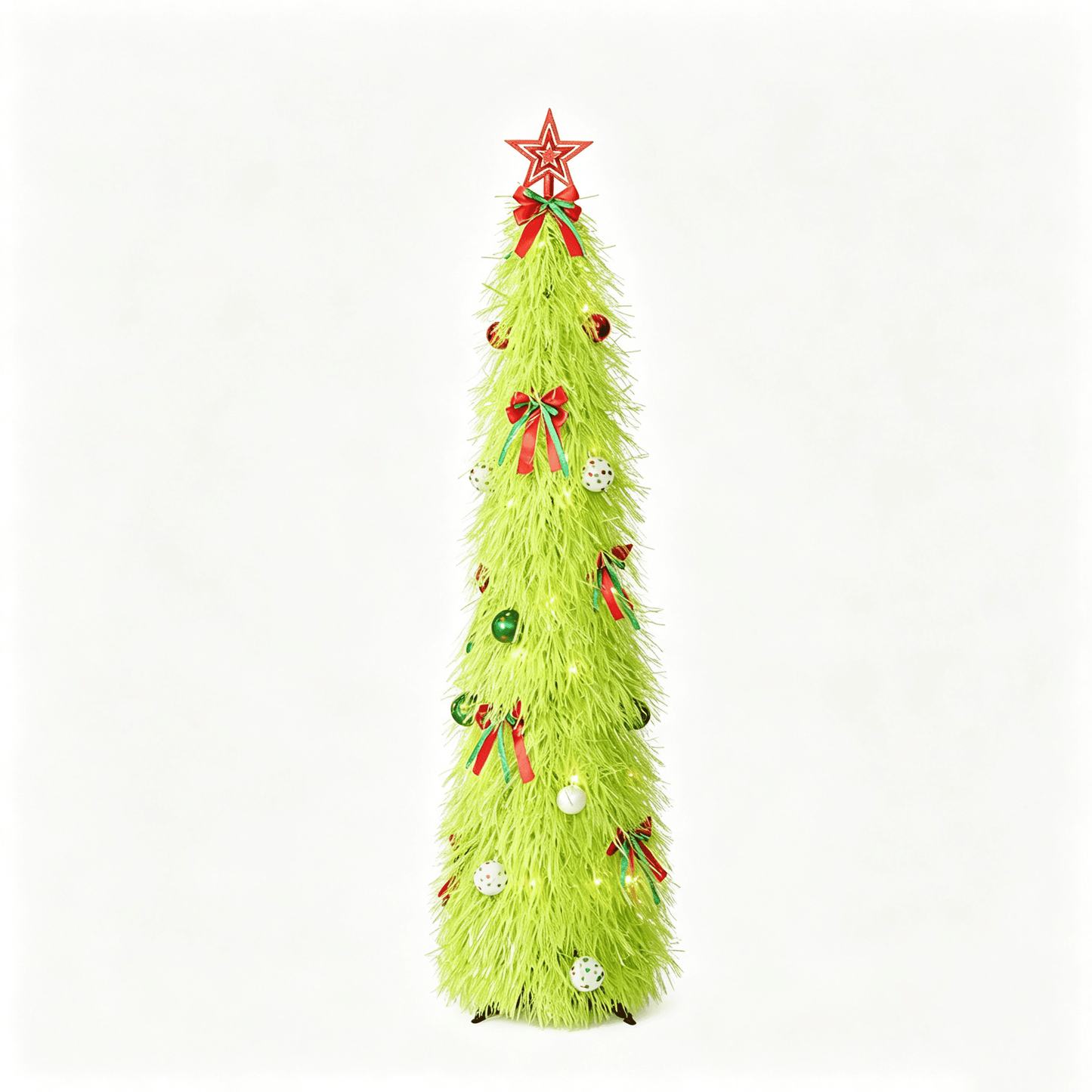 DR.Planzen 5ft Pop Up Christmas Tinsel Tree, Pre Lit Slim Christmas Tree, Green LED Pencil Tree with 50 Warm White Lights, Star Topper & Ornaments Set, Collapsible Holiday Decor