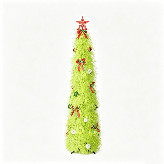 DR.Planzen 5ft Pop Up Christmas Tinsel Tree, Pre Lit Slim Christmas Tree, Green LED Pencil Tree with 50 Warm White Lights, Star Topper & Ornaments Set, Collapsible Holiday Decor