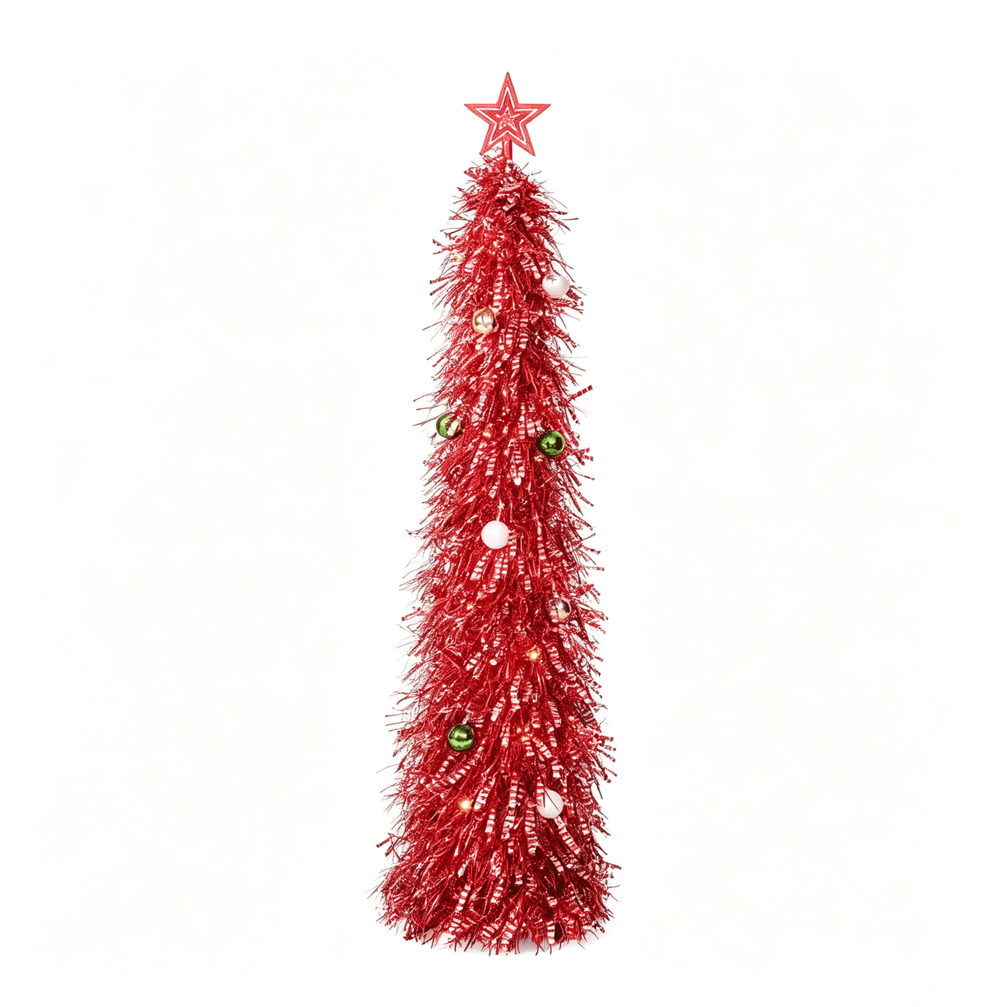 DR.Planzen 5ft Pop Up Christmas Tinsel Tree, Pre Lit Slim Christmas Tree, Red Silver LED Pencil Tree with 50 Warm White Lights, Star Topper & Ornaments Set, Collapsible Holiday Decor