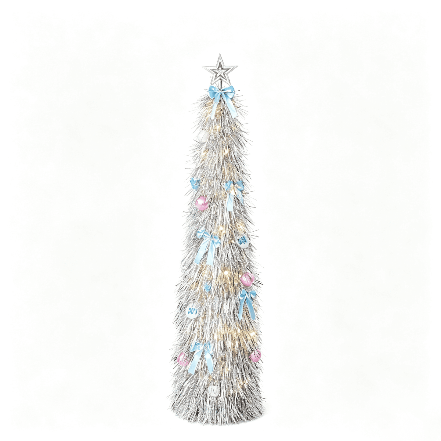 DR.Planzen 5ft Pop Up Christmas Tinsel Tree, Pre Lit Slim Christmas Tree, Silver LED Pencil Tree with 50 Warm White Lights, Star Topper & Ornaments Set, Collapsible Holiday Decor