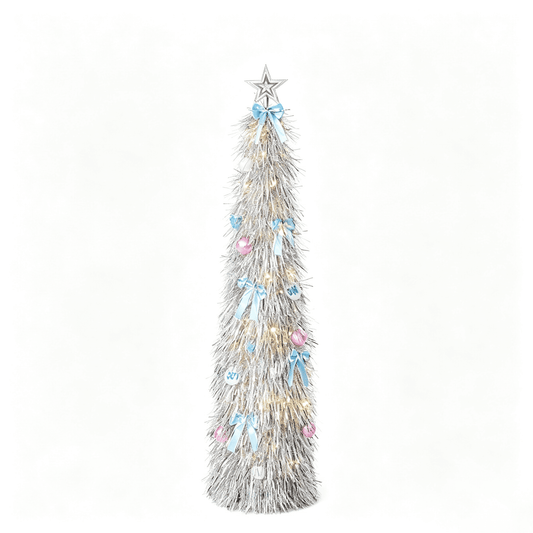 DR.Planzen 5ft Pop Up Christmas Tinsel Tree, Pre Lit Slim Christmas Tree, Silver LED Pencil Tree with 50 Warm White Lights, Star Topper & Ornaments Set, Collapsible Holiday Decor