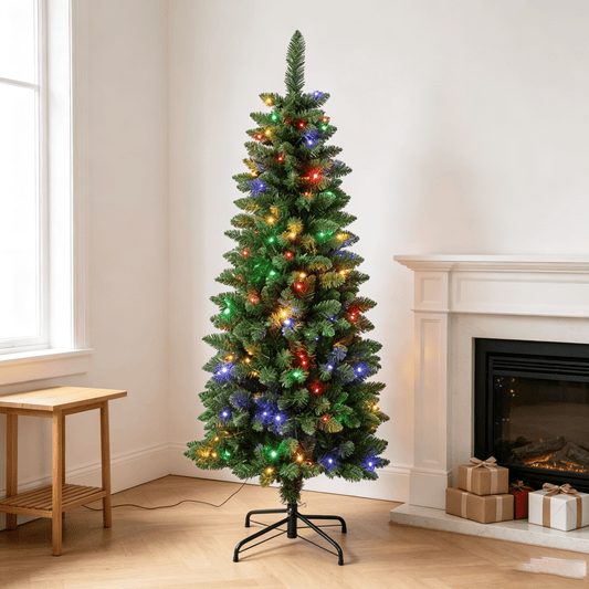 DR.Planzen 5ft Slim Pencil Artificial Christmas Tree with Colorful LED Lights, Collapsible Foldable Xmas Tree with Metal Stand, Easy Assembly Indoor Holiday Decor