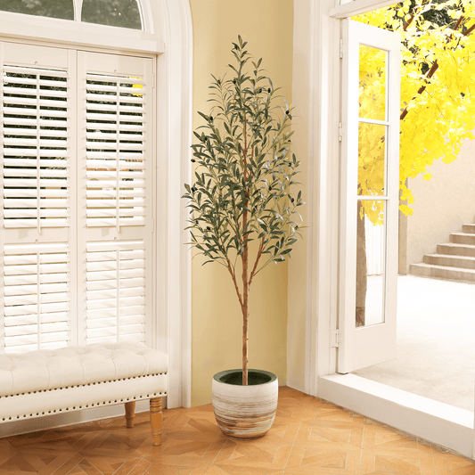 DR.Planzen Exquisite Olive Tree 6 ft Indoor Outdoor Artificial, Tall Faux Olive Tree in Black Plastic Pot, Artificial Plants with Natural Wood Trunk and Lifelike Fruits for Home Office Garden Decor