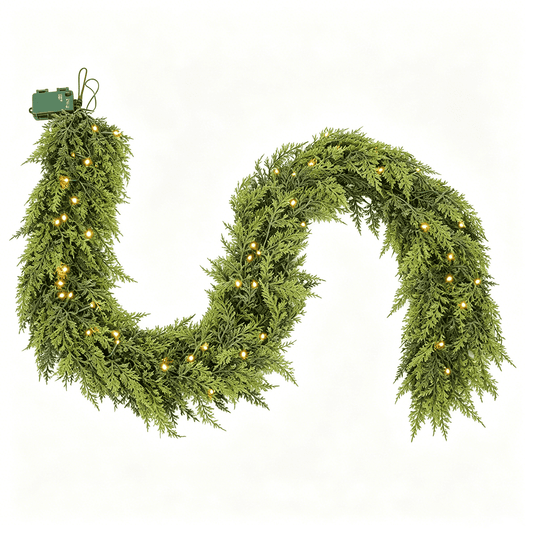 DR.Planzen 6FT Artificial Norfolk Pine Garland with LED Lights, 600 PE Tips Prelit Christmas Garland, Lighted Artificial Pine Garland - 50 Warm White LEDs for Mantel Fireplace Table