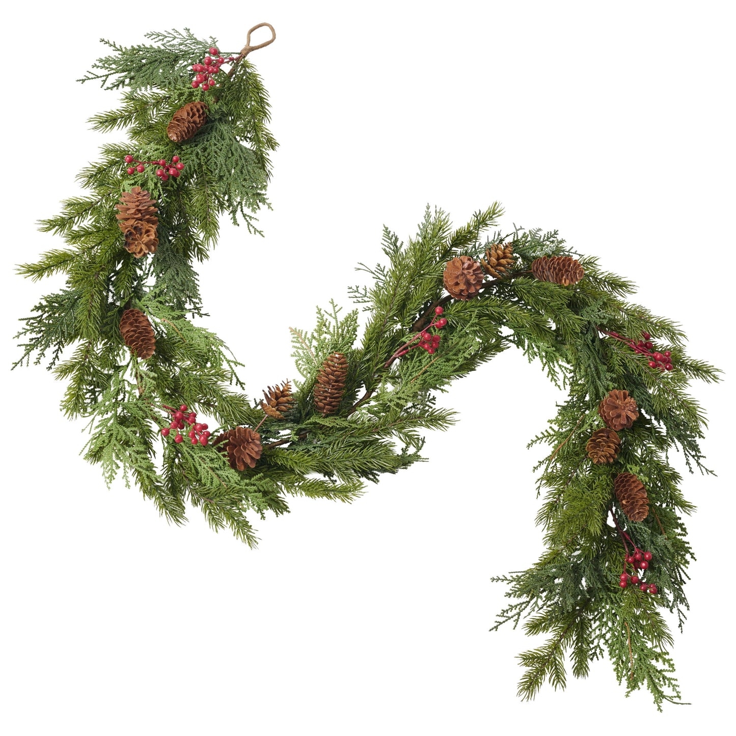 DR.Planzen 6ft Artificial Pine & Berry Foliage Spray with Red Cones, Long Flexible Greenery Garland for DIY Christmas Tree Filler, Wreaths & Vase Filler