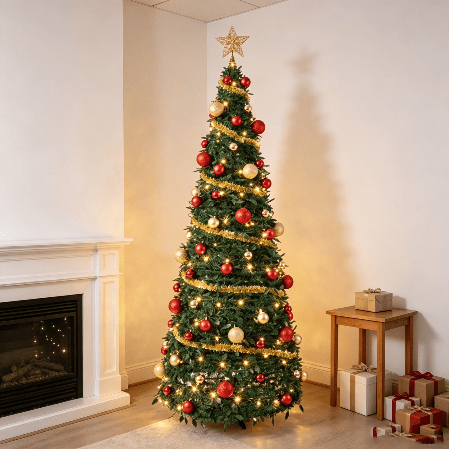 DR.Planzen 6ft Pop Up Christmas Tree with Red Ribbon, Pre-Decorated Artificial Xmas Tree with LED Lights, Foldable Collapsible with Plastic Base, Easy Assembly Holiday Decor
