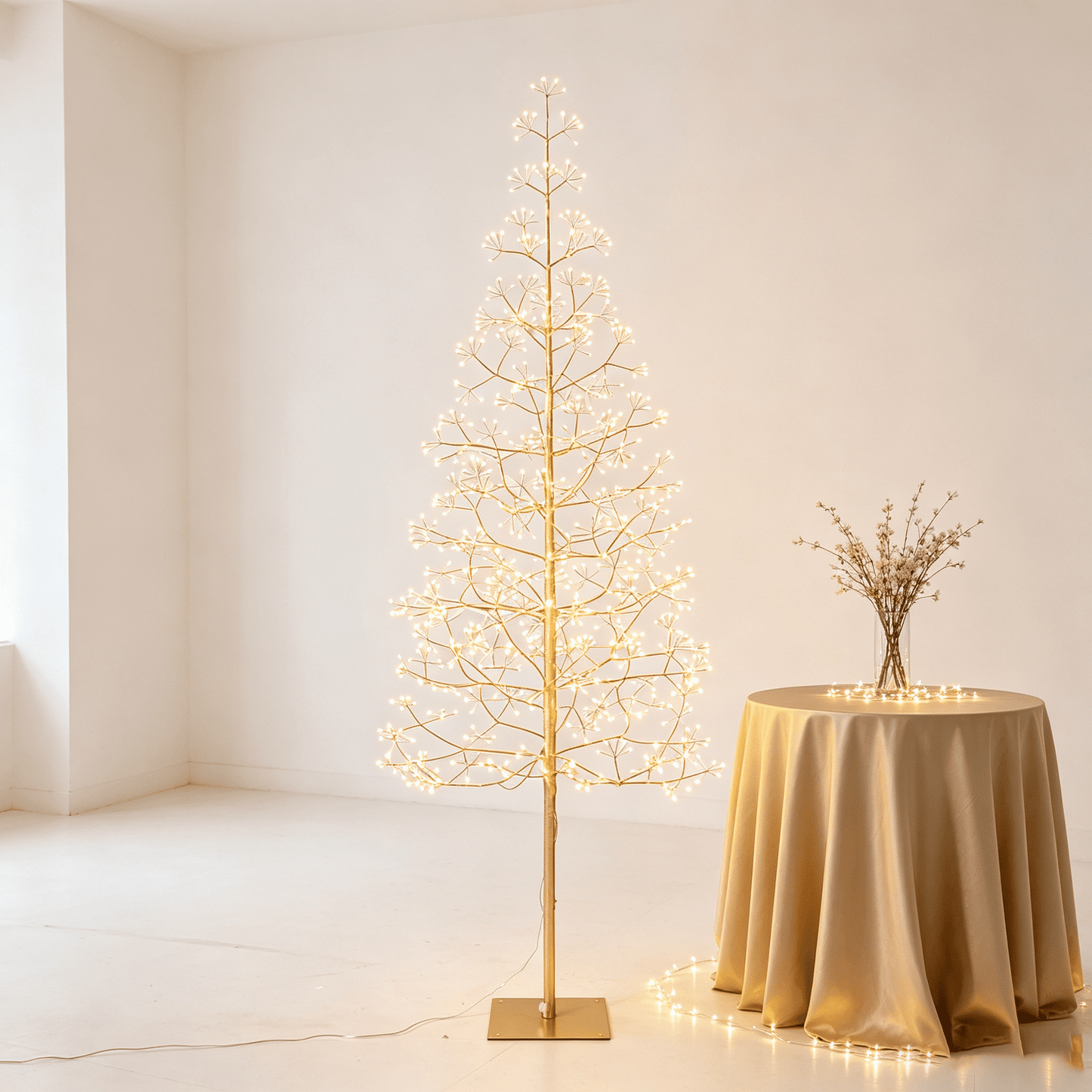 DR.Planzen 6ft Pre-Lit Starburst Artificial Christmas Tree with 800 Warm White Twinkling LED Lights, Slim Gold Tinsel Xmas Tree with Metal Base, Indoor Outdoor Holiday Decor