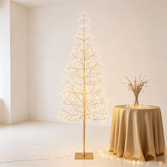 DR.Planzen 6ft Pre-Lit Starburst Artificial Christmas Tree with 800 Warm White Twinkling LED Lights, Slim Gold Tinsel Xmas Tree with Metal Base, Indoor Outdoor Holiday Decor