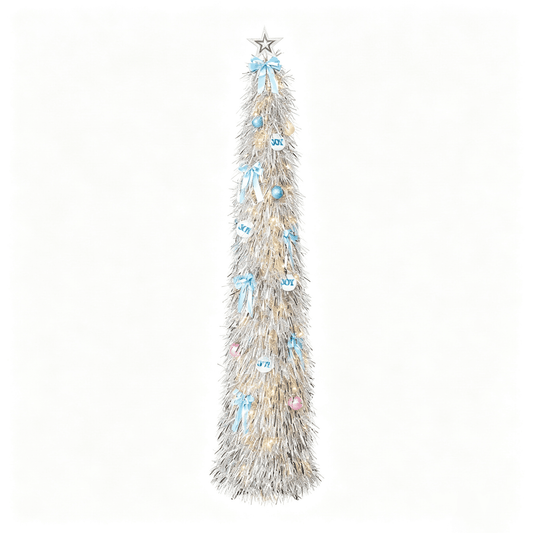 DR.Planzen 6ft Pop Up Christmas Tinsel Tree, Pre Lit Slim Christmas Tree, Silver LED Pencil Tree with 100 Warm White Lights, Star Topper & Ornaments Set, Collapsible Holiday Decor
