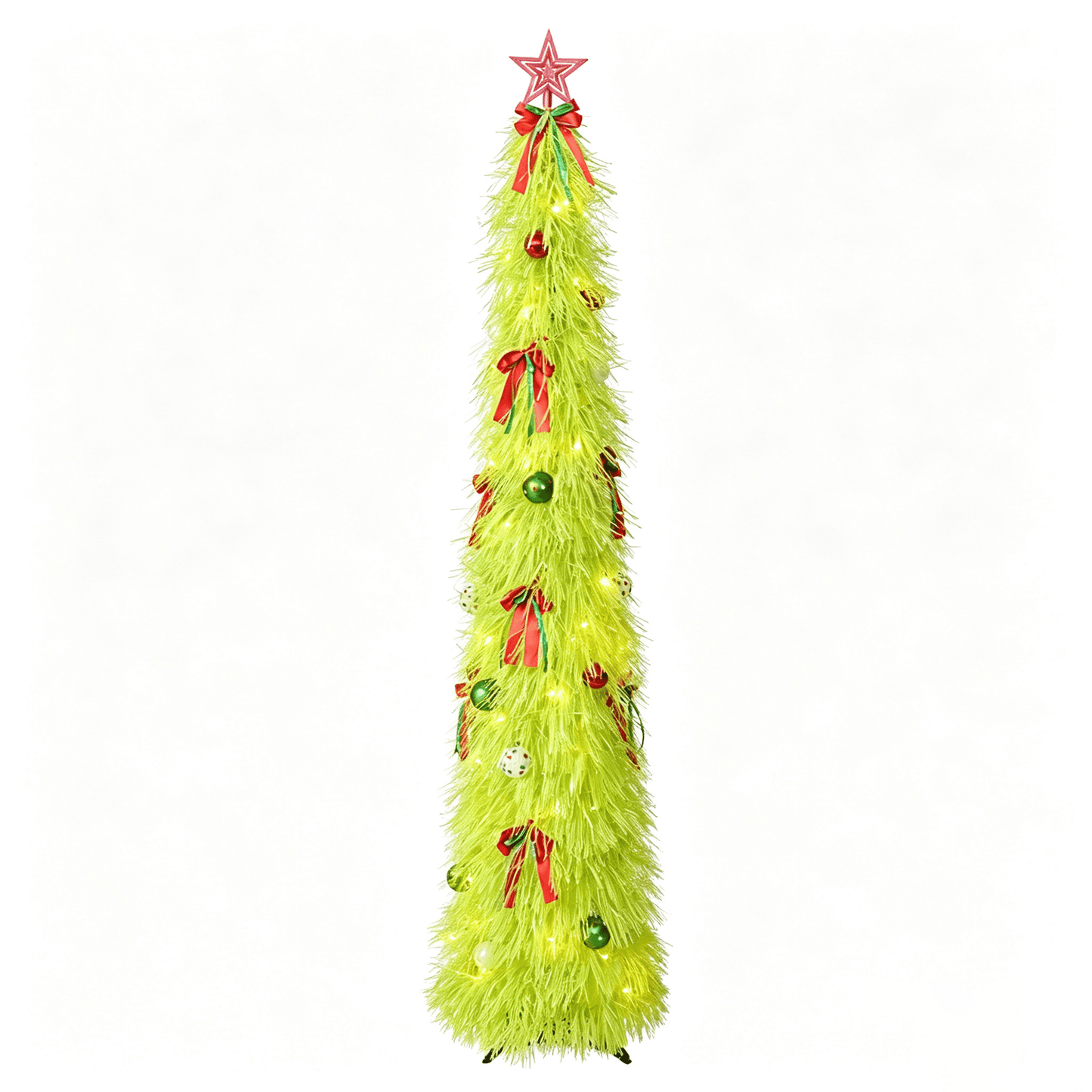 DR.Planzen 6ft Pop Up Christmas Tinsel Tree, Pre Lit Slim Christmas Tree, Green LED Pencil Tree with 100 Warm White Lights, Star Topper & Ornaments Set, Collapsible Holiday Decor