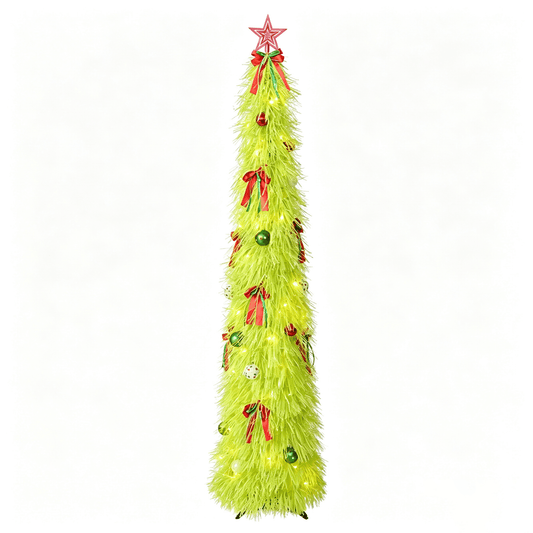 DR.Planzen 6ft Pop Up Christmas Tinsel Tree, Pre Lit Slim Christmas Tree, Green LED Pencil Tree with 100 Warm White Lights, Star Topper & Ornaments Set, Collapsible Holiday Decor