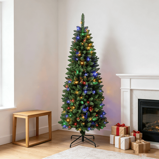 DR.Planzen 6ft Slim Pencil Artificial Christmas Tree with Colorful LED Lights, Collapsible Foldable Xmas Tree with Metal Stand, Easy Assembly Indoor Holiday Decor