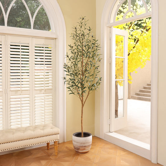 DR.Planzen Exquisite Artificial Olive Tree 7 ft Indoor Outdoor, Tall Faux Olive Tree in Black Plastic Pot, Artificial Plants with Natural Wood Trunk and Lifelike Fruits for Home Office Garden Decor