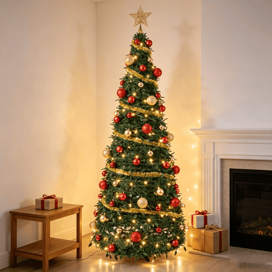 DR.Planzen 7ft Pop Up Christmas Tree with Red Ribbon, Pre-Decorated Artificial Xmas Tree with LED Lights, Foldable Collapsible with Plastic Base, Easy Assembly Holiday Decor