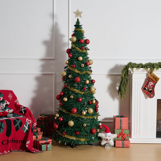 DR.Planzen 7ft Artificial Prelit Christmas Tree - Christmas Tree with Lights, 150 Warm White LED, 8 Modes, 90 Red Gold Ornaments - Collapsible Indoor Holiday Decor for Apartment Office