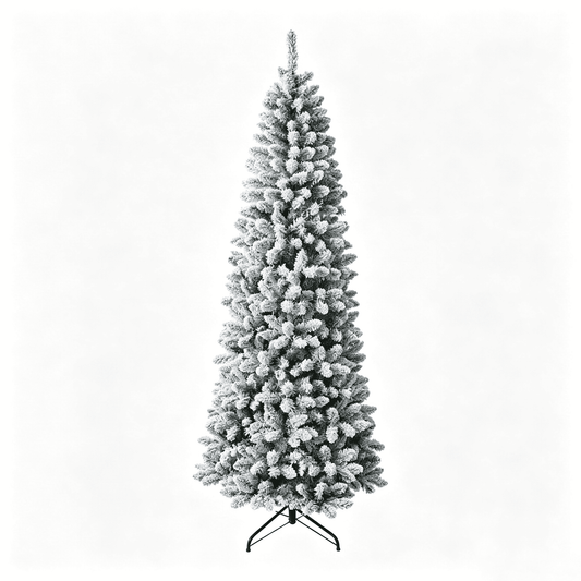 DR.Planzen 7ft Prelit Snow Flocked Slim Christmas Tree - Pencil Artificial Tree with 380 Dual Color LED Lights, 9 Modes and 953 Adjustable Branches for Apartments, Living Rooms