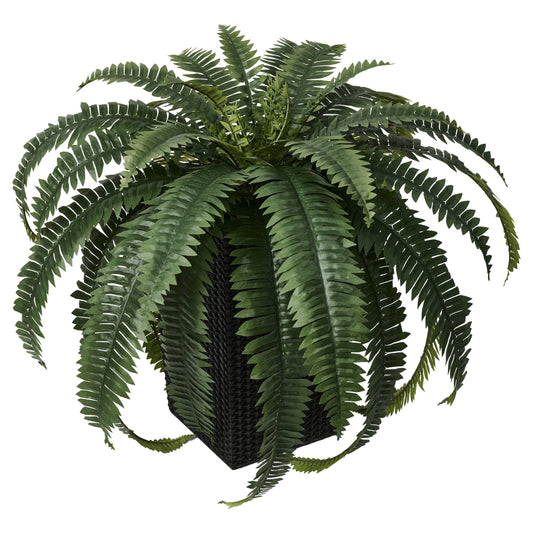 DR.Planzen Artificial Boston Fern Bush Plant with Black Tapered Planter - UV Resistant Faux Ferns with 33 Leaves