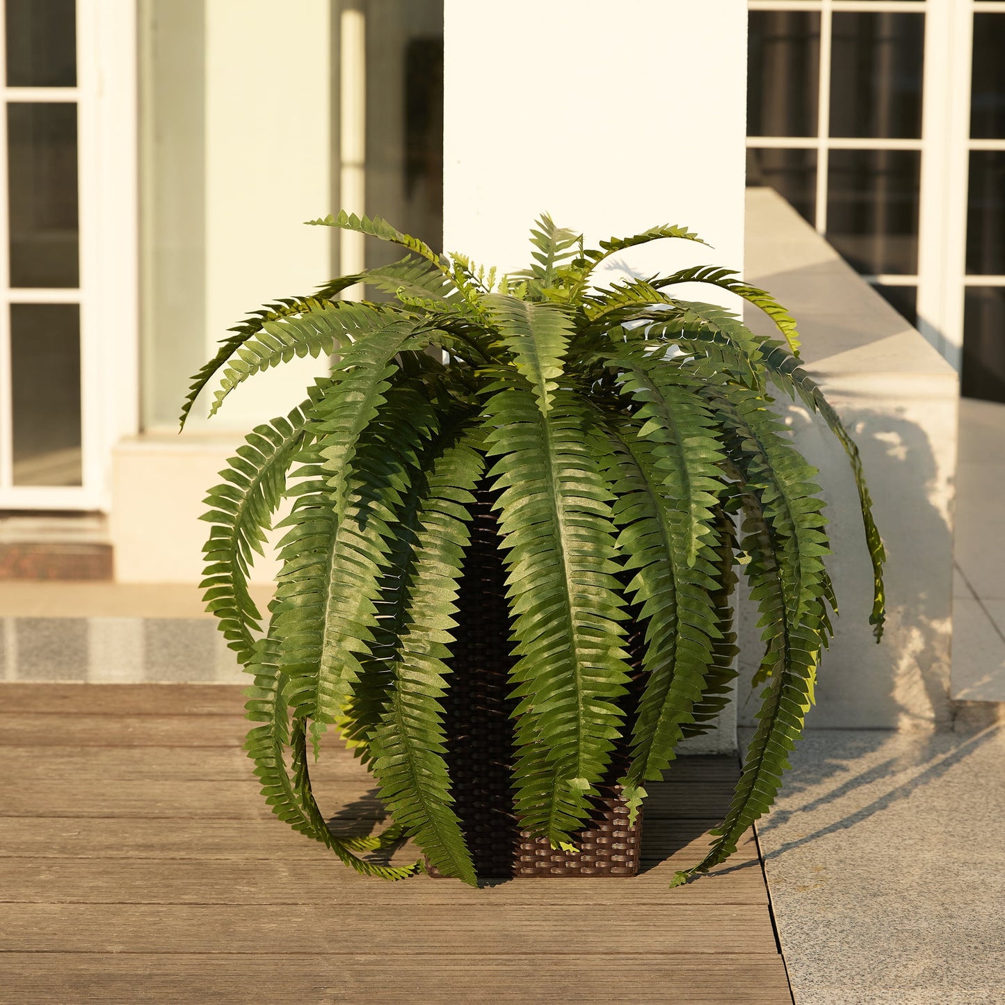 DR.Planzen Artificial Boston Fern Bush Plant with Brown Tapered Planter - UV Resistant Faux Ferns with 33 Leaves