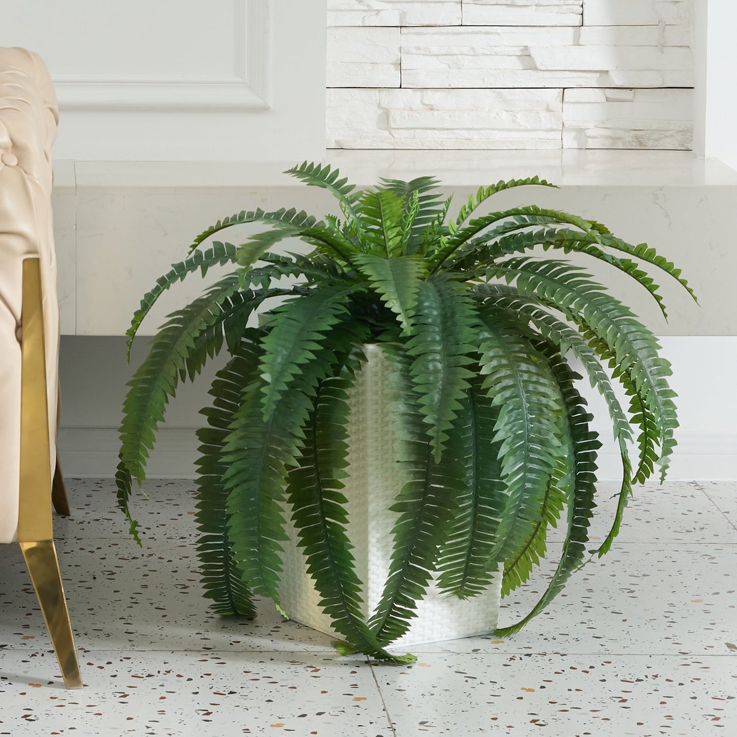 DR.Planzen Artificial Boston Fern Bush Plant with White Tapered Planter - UV Resistant Faux Ferns with 33 Leaves