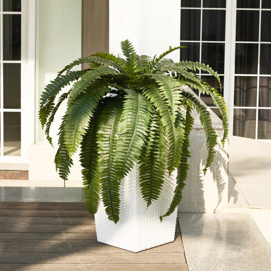 DR.Planzen Artificial Boston Fern Bush Plant with White Tapered Planter - UV Resistant Faux Ferns with 39 Leaves