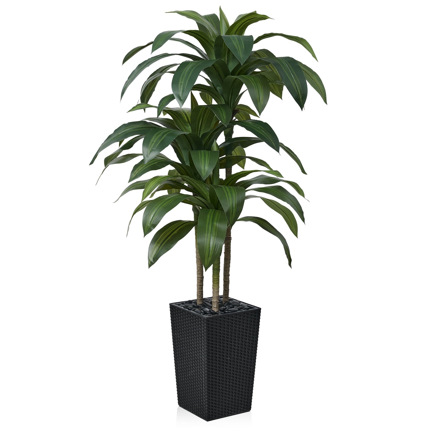 DR.Planzen Artificial Dracaena Tree 5ft - UV Protected Faux Dracaena Plant with 57 Green Leaves, Fake Tree for Indoor & Outdoor Use, Sturdy Tall Black Planter with River Stones