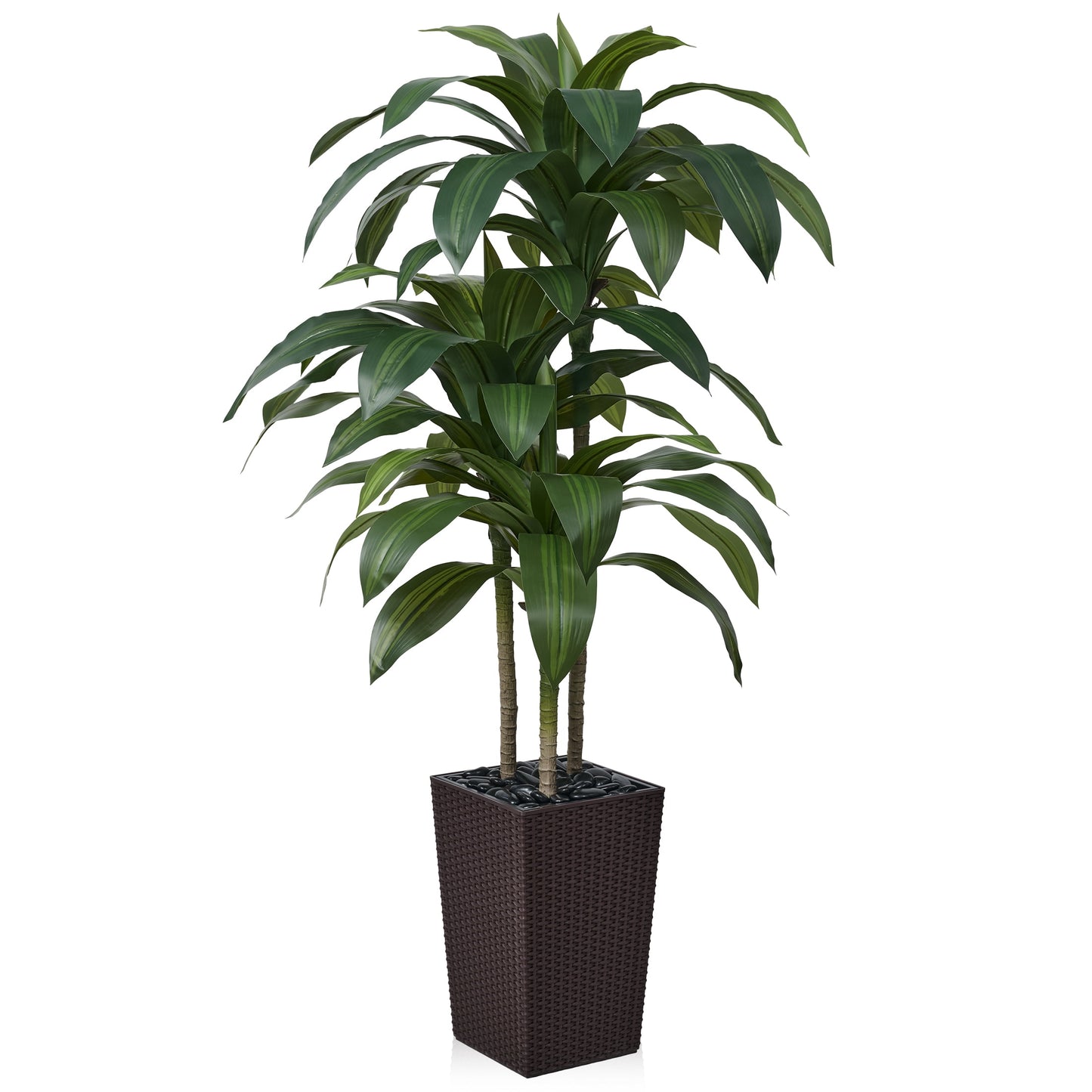 DR.Planzen Artificial Dracaena Tree 5ft - UV Protected Faux Dracaena Plant with 57 Green Leaves, Fake Tree for Indoor & Outdoor Use, Sturdy Tall Brown Planter with River Stones