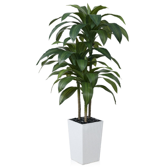 DR.Planzen Artificial Dracaena Tree 5ft - UV Protected Faux Dracaena Plant with 57 Green Leaves, Fake Tree for Indoor & Outdoor Use, Sturdy Tall Brown Planter with River Stones