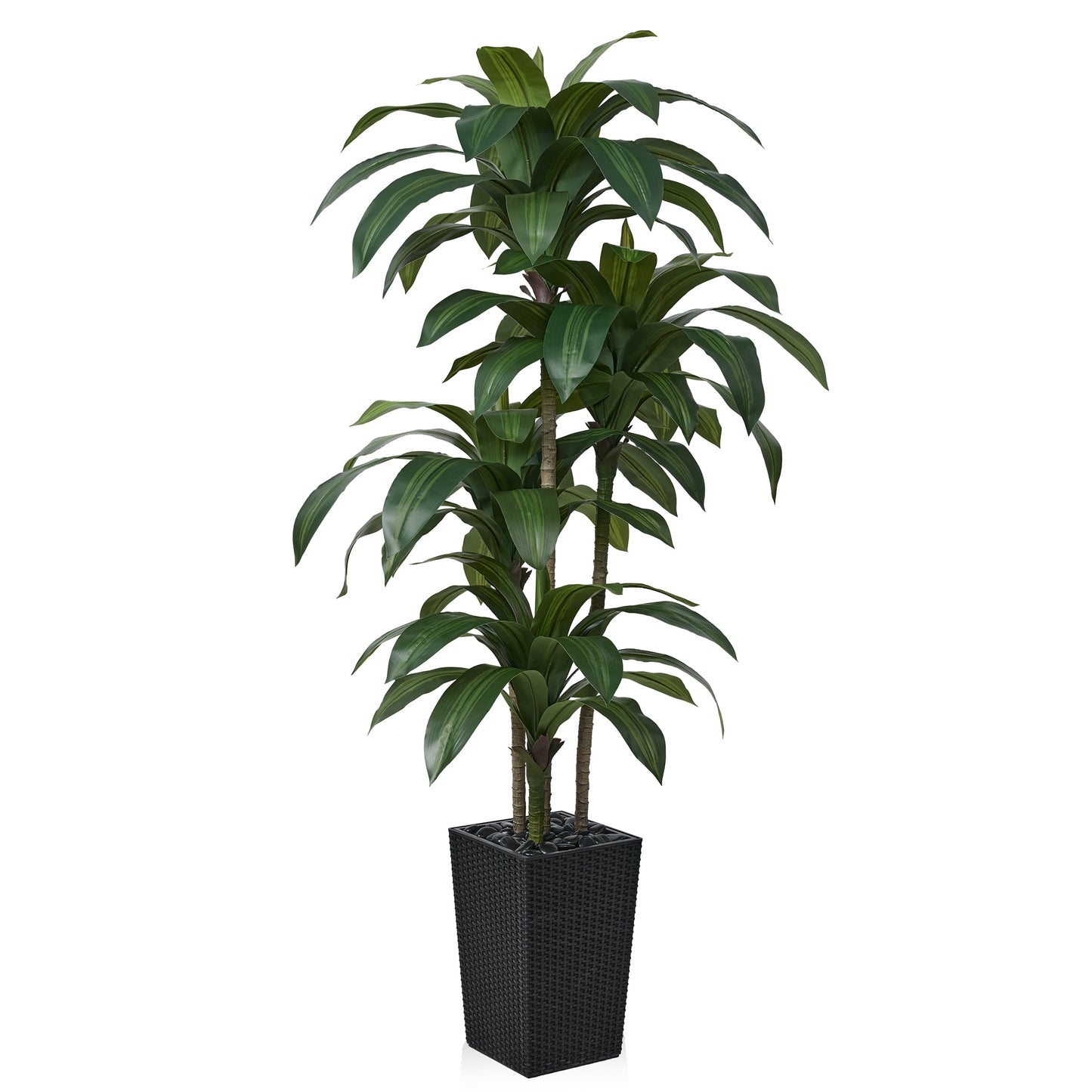 DR.Planzen Artificial Dracaena Tree 6ft - UV Protected Faux Dracaena Plant with 76 Green Leaves, Fake Tree for Indoor & Outdoor Use, Sturdy Tall Black Planter with River Stones