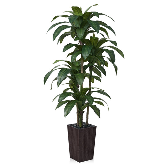 DR.Planzen Artificial Dracaena Tree 6ft - UV Protected Faux Dracaena Plant with 76 Green Leaves, Fake Tree for Indoor & Outdoor Use, Sturdy Tall Black Planter with River Stones