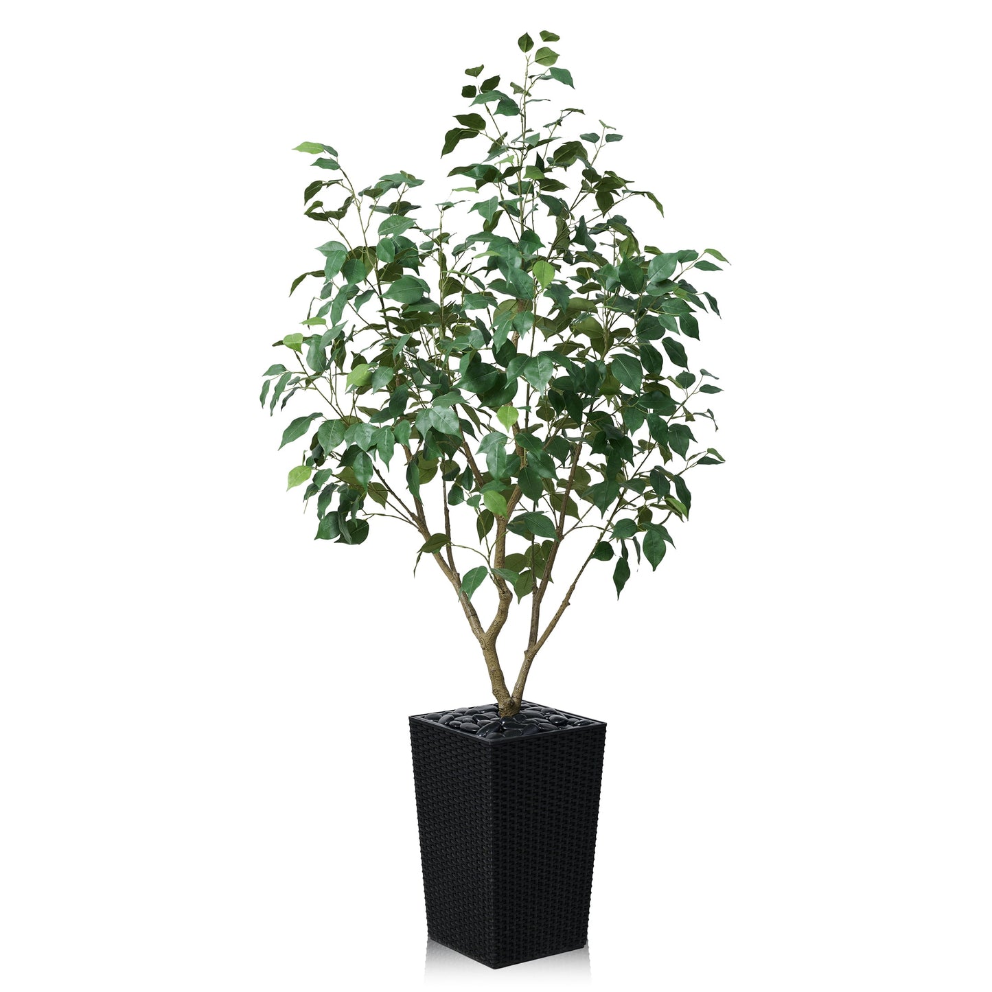 DR.Planzen Artificial Ficus Tree 5ft - UV Protected Faux Ficus Plant with Adjustable Branches and Realistic Green Leaves for Indoor & Outdoor Decor, Black Large Planter with River Rocks