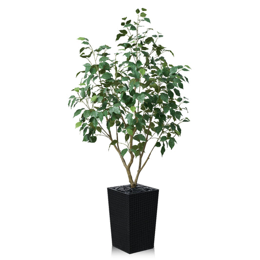 DR.Planzen Artificial Ficus Tree 5ft - UV Protected Faux Ficus Plant with Adjustable Branches and Realistic Green Leaves for Indoor & Outdoor Decor, Black Large Planter with River Rocks