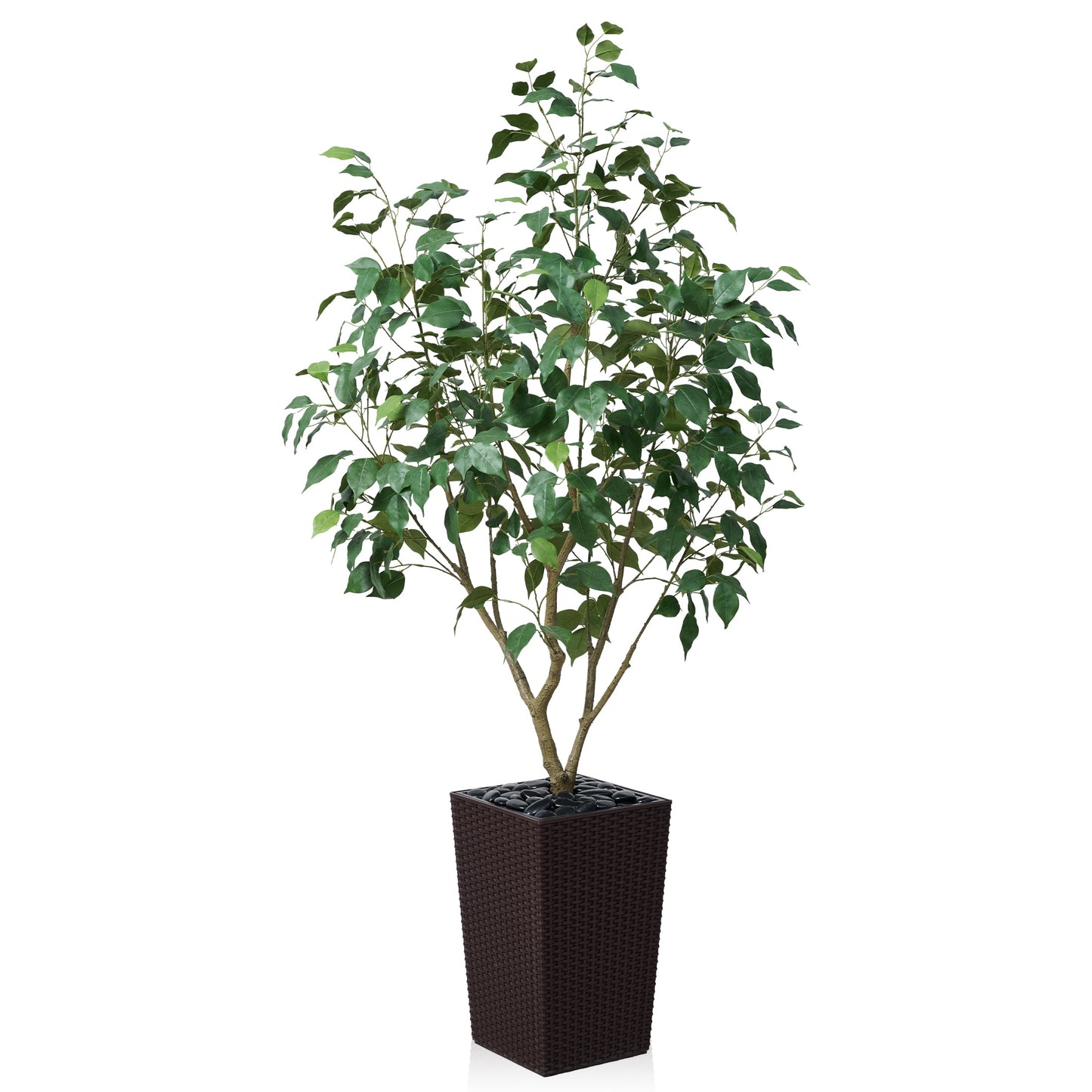 DR.Planzen Artificial Ficus Tree 5ft - UV Protected Faux Ficus Plant with Adjustable Branches and Realistic Green Leaves for Indoor & Outdoor Decor, Brown Large Planter with River Rocks