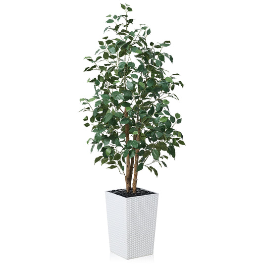 DR.Planzen Artificial Ficus Tree 5ft - UV Protected Faux Ficus Plant with Adjustable Branches and Realistic Green Leaves for Indoor & Outdoor Decor, White Large Planter with River Rocks