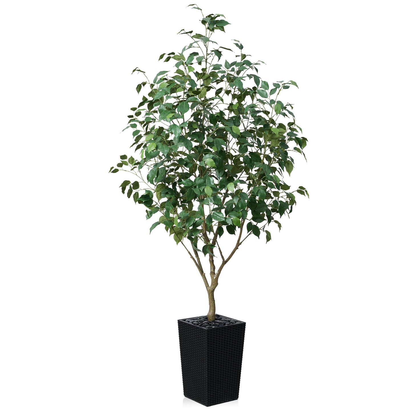 DR.Planzen Artificial Ficus Tree 6ft - UV Protected Faux Ficus Plant with Adjustable Branches and Realistic Green Leaves for Indoor & Outdoor Decor, Black Large Planter with River Rocks