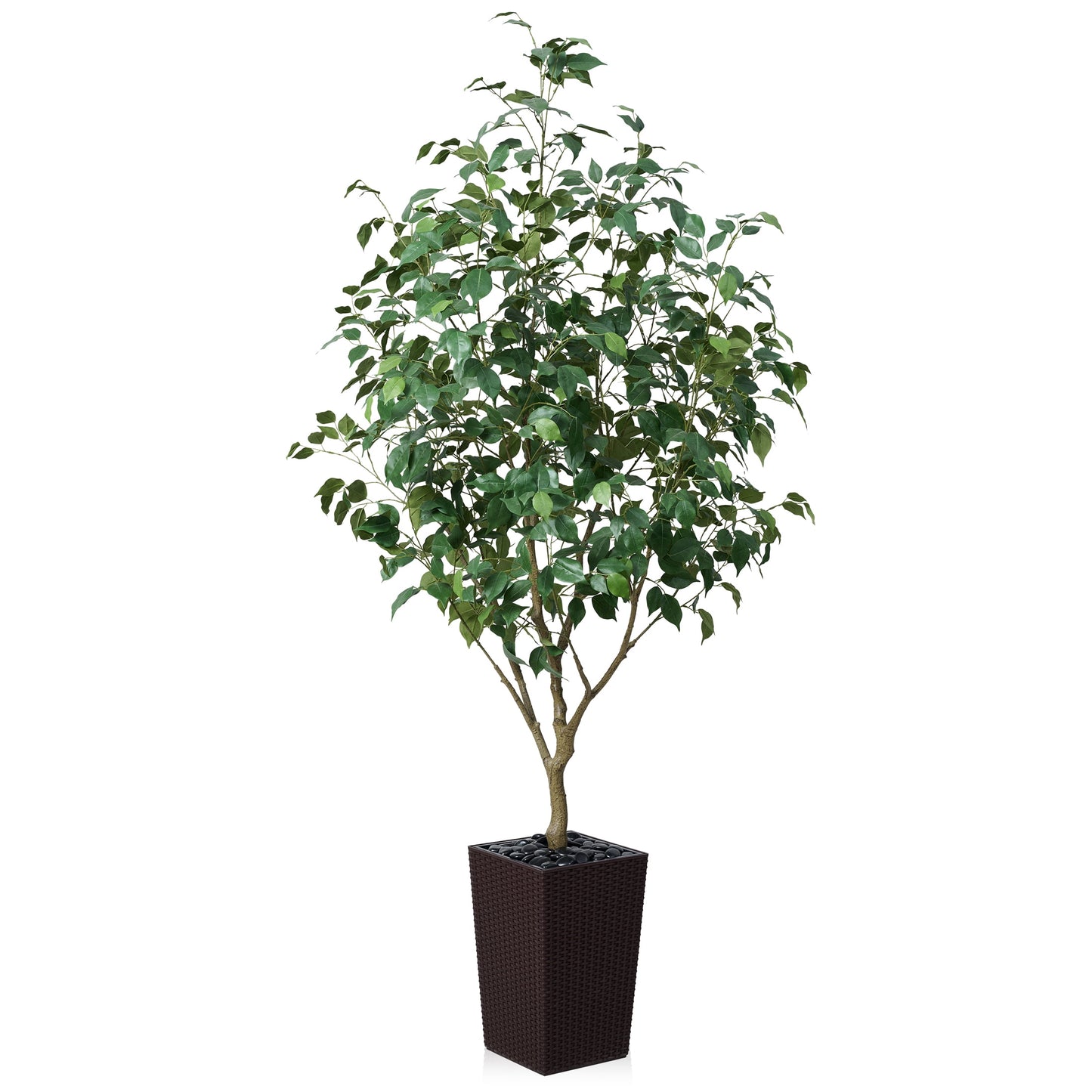 DR.Planzen Artificial Ficus Tree 6ft - UV Protected Faux Ficus Plant with Adjustable Branches and Realistic Green Leaves for Indoor & Outdoor Decor, Brown Large Planter with River Rocks