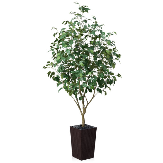 DR.Planzen Artificial Ficus Tree 6ft - UV Protected Faux Ficus Plant with Adjustable Branches and Realistic Green Leaves for Indoor & Outdoor Decor, Brown Large Planter with River Rocks