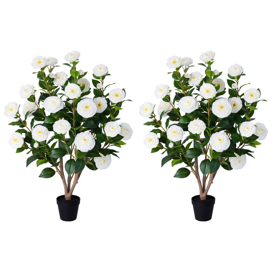 2 Pack Artificial Camellia Tree 3FT in Pot ¨C 27 Blooming White Flowers & 252 Leaves UV Resistant Faux Camellia Plant for Indoor Outdoor Decor, Front Door Porch Patio Living Room Office