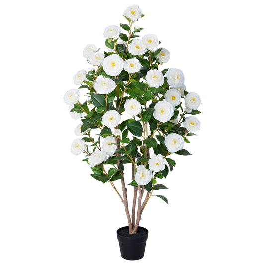 Artificial Camellia Tree 4FT Tall Faux Camellia Plant UV Resistant Fake Flowering Tree Potted ¨C 48 Blooming White Flowers & 348 Silk Leaves, Artificial Plant Indoor Outdoor Decor for Living Room Porc
