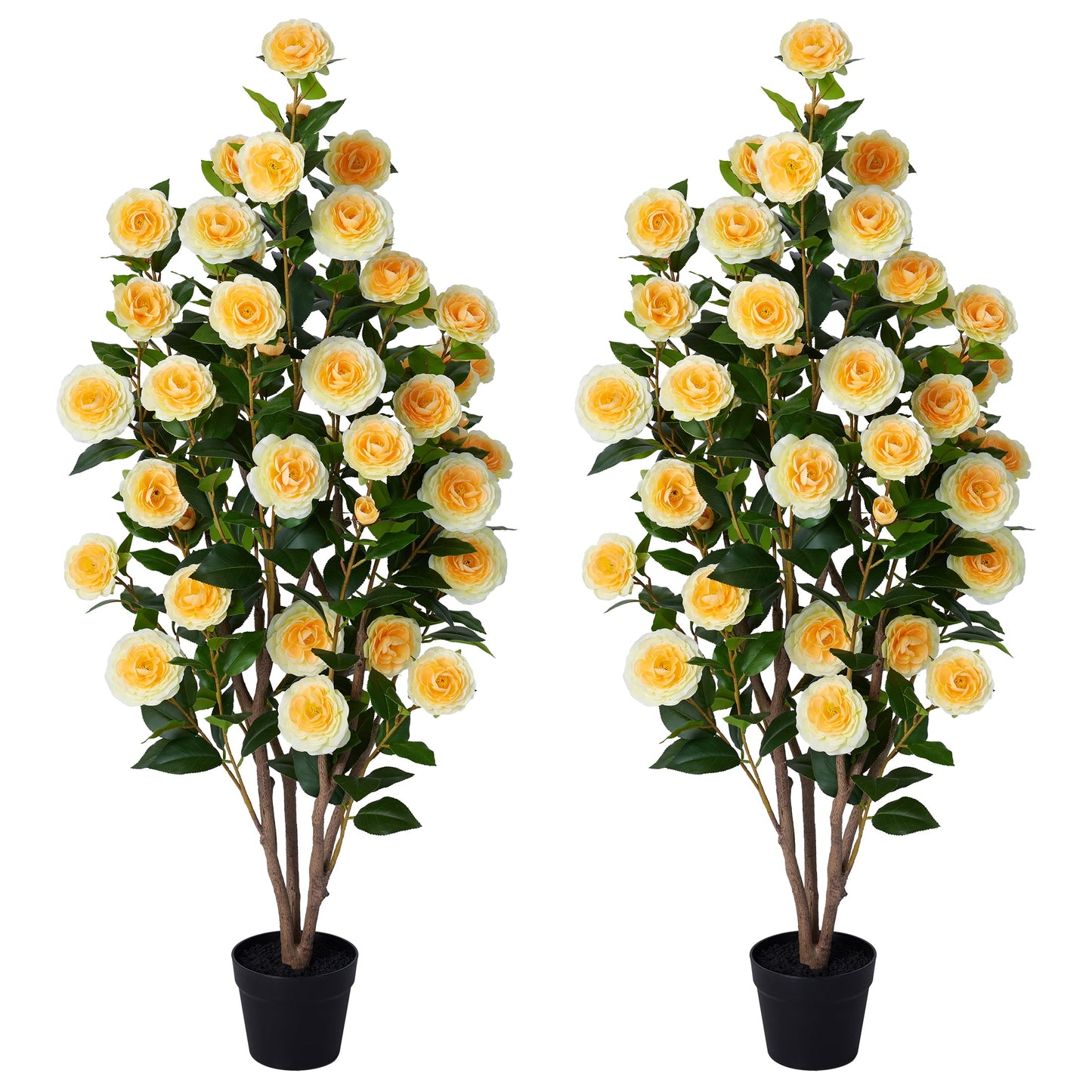 2 Pack Artificial Camellia Tree 4FT Tall Faux Camellia Plant UV Resistant Fake Flowering Tree Potted ¨C 48 Blooming Yellow Flowers & 348 Silk Leaves, Artificial Plant Indoor Outdoor Decor for Living R