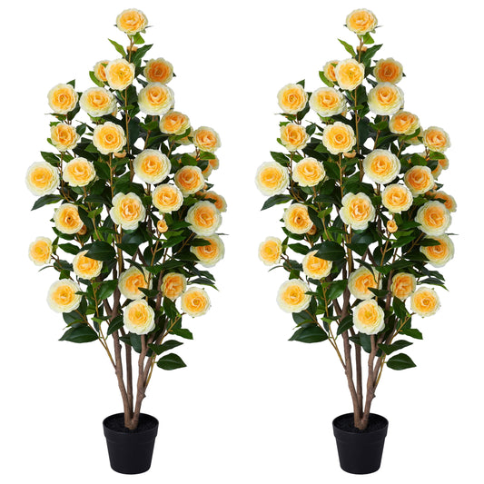 2 Pack Artificial Camellia Tree 4FT Tall Faux Camellia Plant UV Resistant Fake Flowering Tree Potted ¨C 48 Blooming Yellow Flowers & 348 Silk Leaves, Artificial Plant Indoor Outdoor Decor for Living R