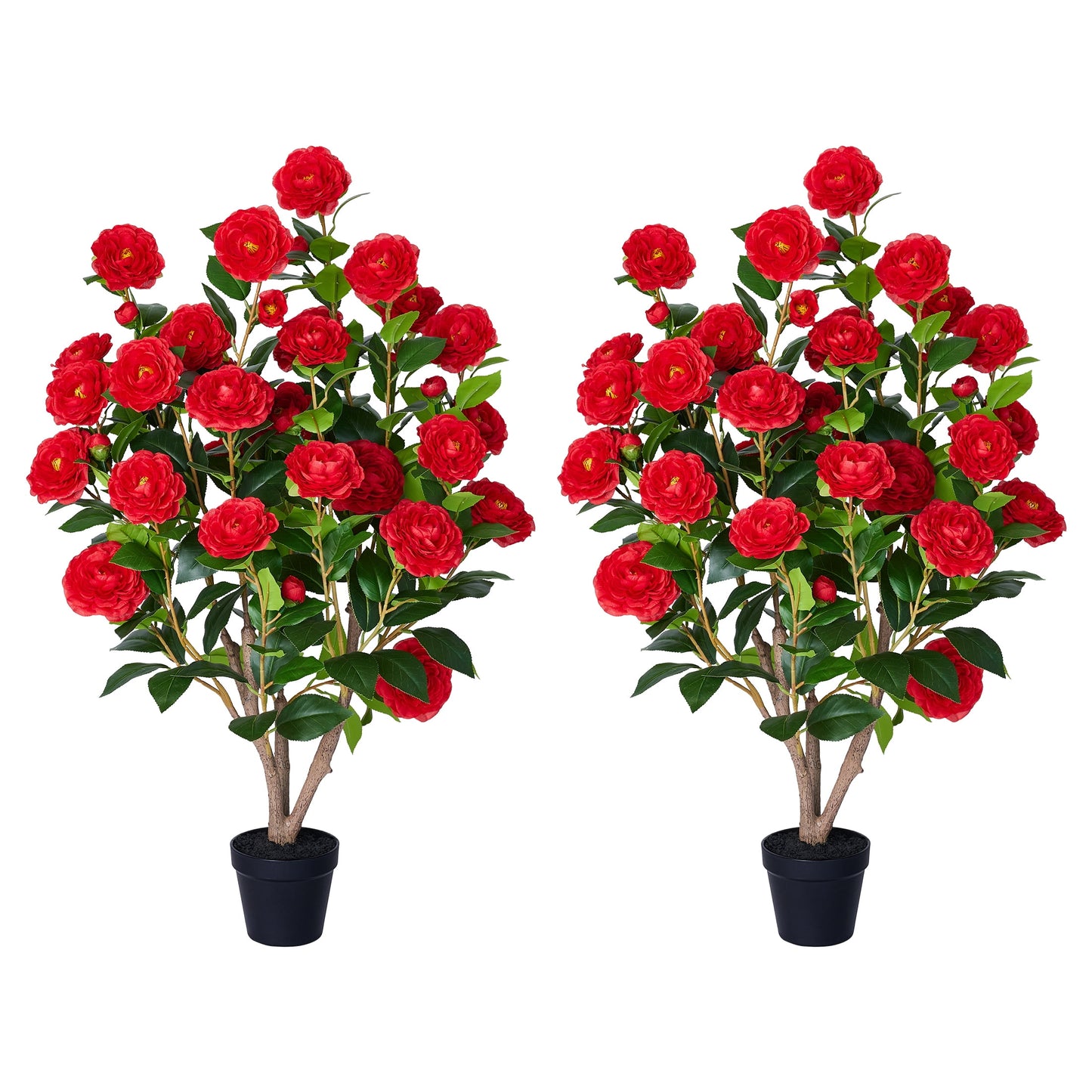 2 Pack Artificial Camellia Tree 3FT in Pot ¨C 27 Blooming Red Flowers & 252 Leaves UV Resistant Faux Camellia Plant for Indoor Outdoor Decor, Front Door Porch Patio Living Room Office