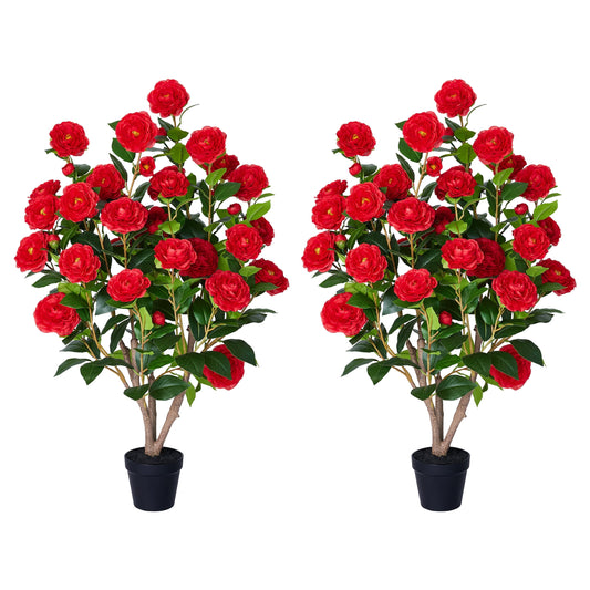 2 Pack Artificial Camellia Tree 3FT in Pot ¨C 27 Blooming Red Flowers & 252 Leaves UV Resistant Faux Camellia Plant for Indoor Outdoor Decor, Front Door Porch Patio Living Room Office