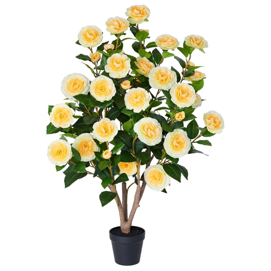 Artificial Camellia Tree 3FT in Pot ¨C 27 Blooming Yellow Flowers & 252 Leaves UV Resistant Faux Camellia Plant for Indoor Outdoor Decor, Front Door Porch Patio Living Room Office
