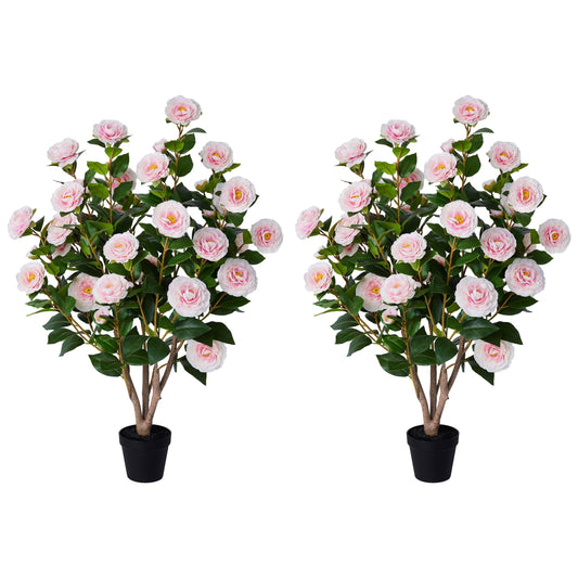 2 Pack Artificial?Camellia?Tree?3FT?in?Pot?¨C?27?Blooming?Pink?Flowers?&?252?Leaves?UV?Resistant?Faux?Camellia?Plant?for?Indoor?Outdoor?Decor,?Front?Door?Porch?Patio?Living?Room?Office
