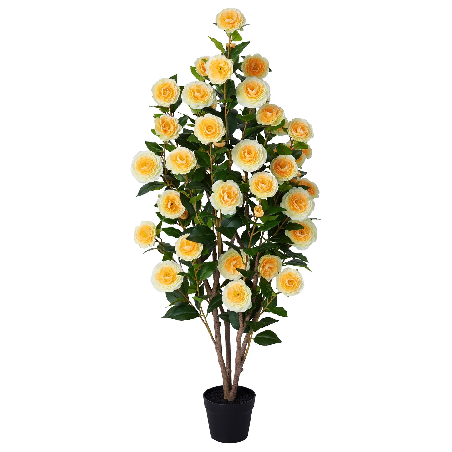 Artificial Camellia Tree 4FT Tall Faux Camellia Plant UV Resistant Fake Flowering Tree Potted ¨C 48 Blooming Yellow Flowers & 348 Silk Leaves, Artificial Plant Indoor Outdoor Decor for Living Room Por