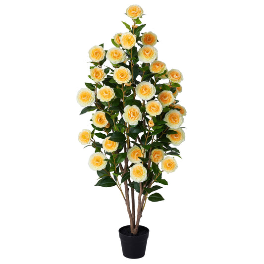 Artificial Camellia Tree 4FT Tall Faux Camellia Plant UV Resistant Fake Flowering Tree Potted ¨C 48 Blooming Yellow Flowers & 348 Silk Leaves, Artificial Plant Indoor Outdoor Decor for Living Room Por