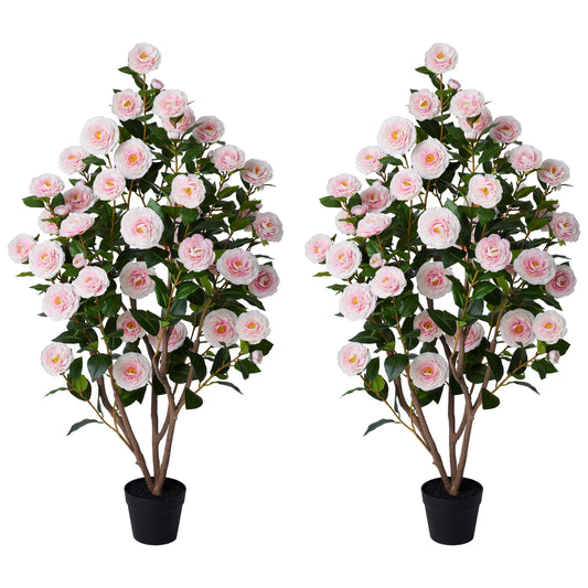 2 Pack Artificial Camellia Tree 4FT Tall Faux Camellia Plant UV Resistant Fake Flowering Tree Potted ¨C 48 Blooming Pink Flowers & 348 Silk Leaves, Artificial Plant Indoor Outdoor Decor for Living Roo