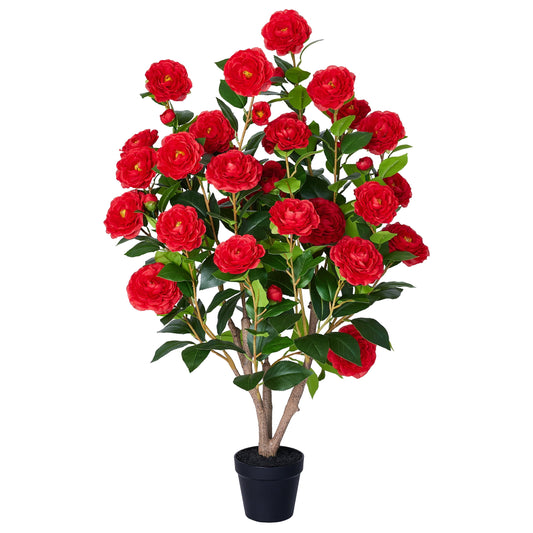 Artificial Camellia Tree 3FT in Pot ¨C 27 Blooming Red Flowers & 252 Leaves UV Resistant Faux Camellia Plant for Indoor Outdoor Decor, Front Door Porch Patio Living Room Office