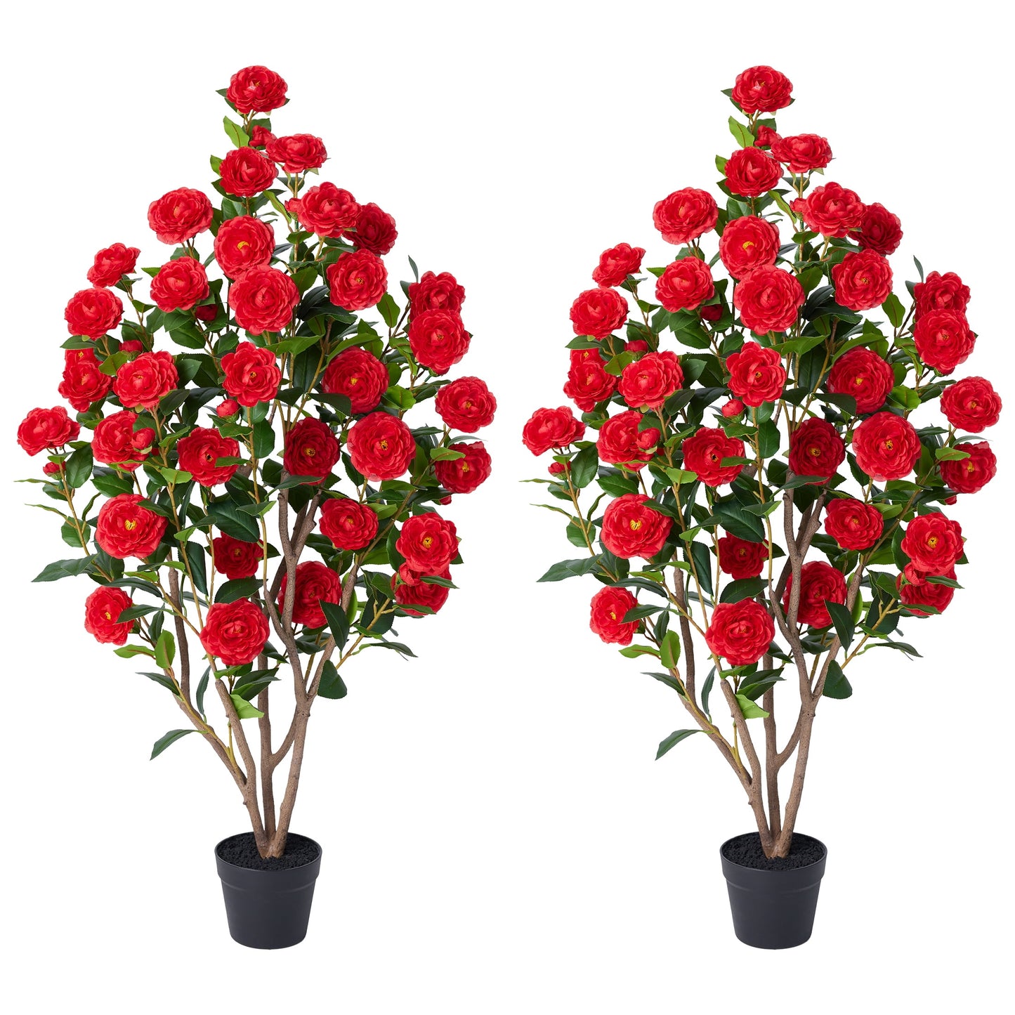 2 Pack Artificial Camellia Tree 4FT Tall Faux Camellia Plant UV Resistant Fake Flowering Tree Potted ¨C 48 Blooming Red Flowers & 348 Silk Leaves, Artificial Plant Indoor Outdoor Decor for Living Room
