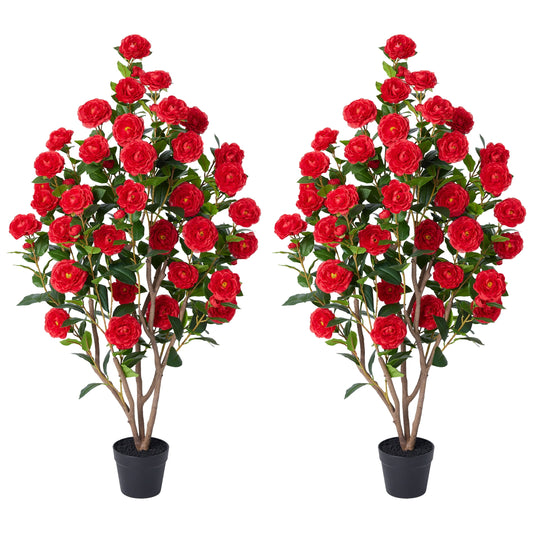 2 Pack Artificial Camellia Tree 4FT Tall Faux Camellia Plant UV Resistant Fake Flowering Tree Potted ¨C 48 Blooming Red Flowers & 348 Silk Leaves, Artificial Plant Indoor Outdoor Decor for Living Room